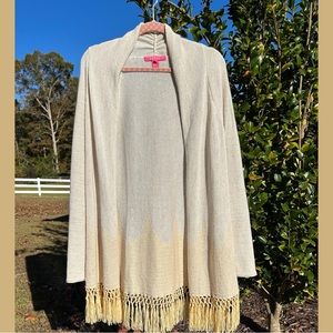 Lilly Pulitzer XL Tatum Long Fringe Hem Cardigan Gold Metallic